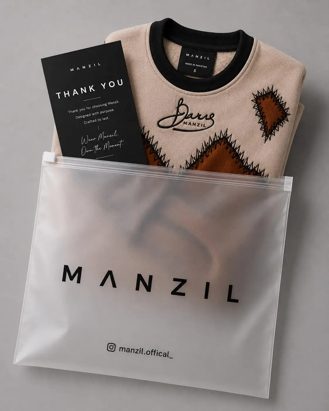 Manzil Colorblock Embroidered Fleece Sweatshirt — Cream & Brown