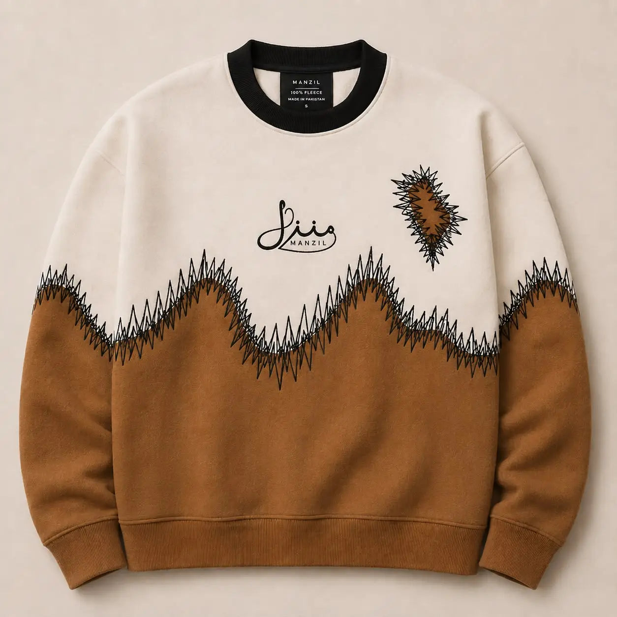 Manzil Colorblock Embroidered Fleece Sweatshirt — Cream & Brown