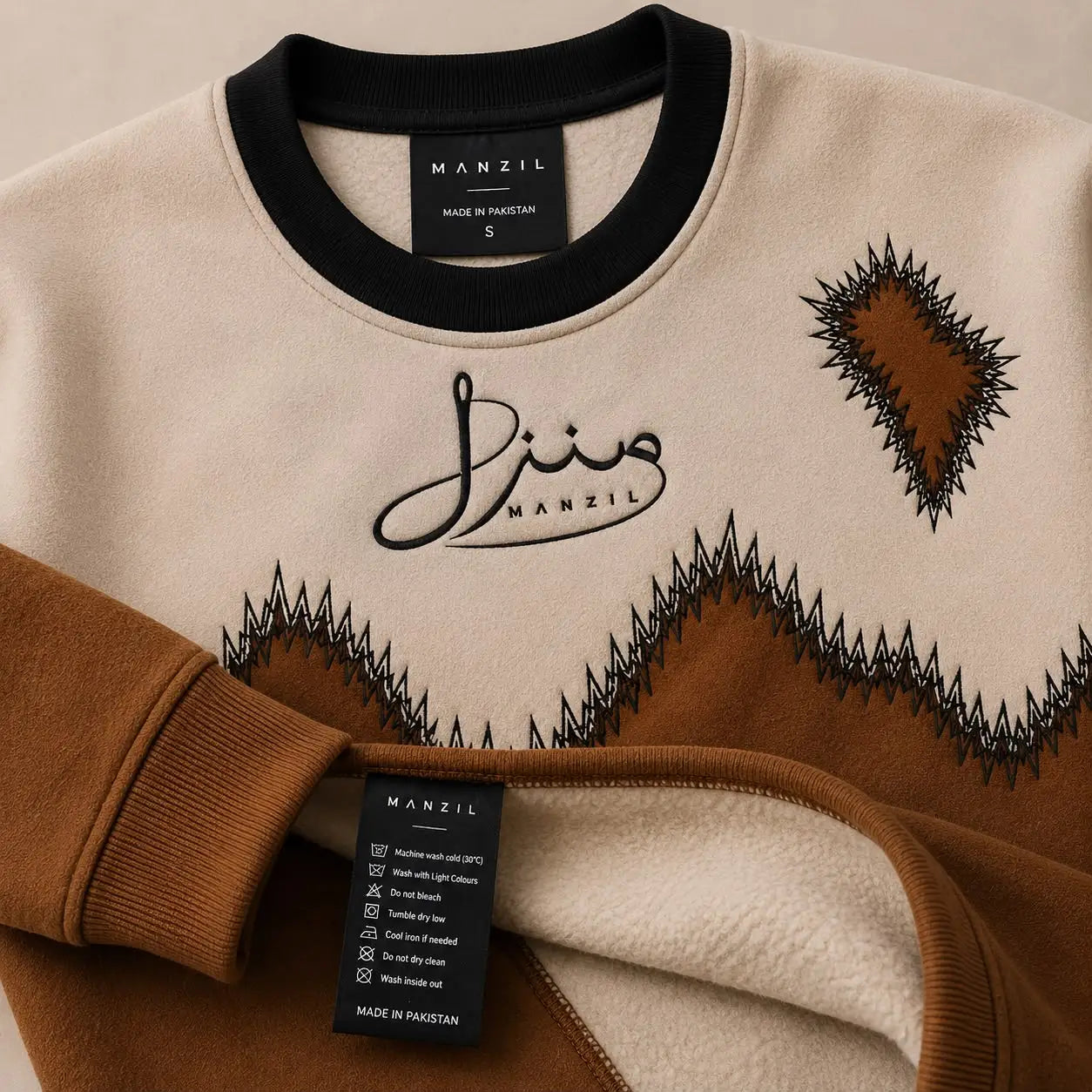 Manzil Colorblock Embroidered Fleece Sweatshirt — Cream & Brown