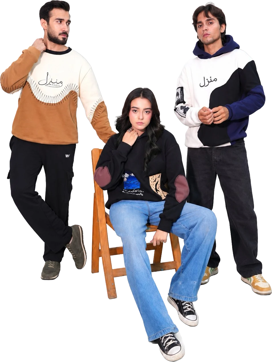 Three models wearing Manzil Drop 001 hoodies and sweatshirts